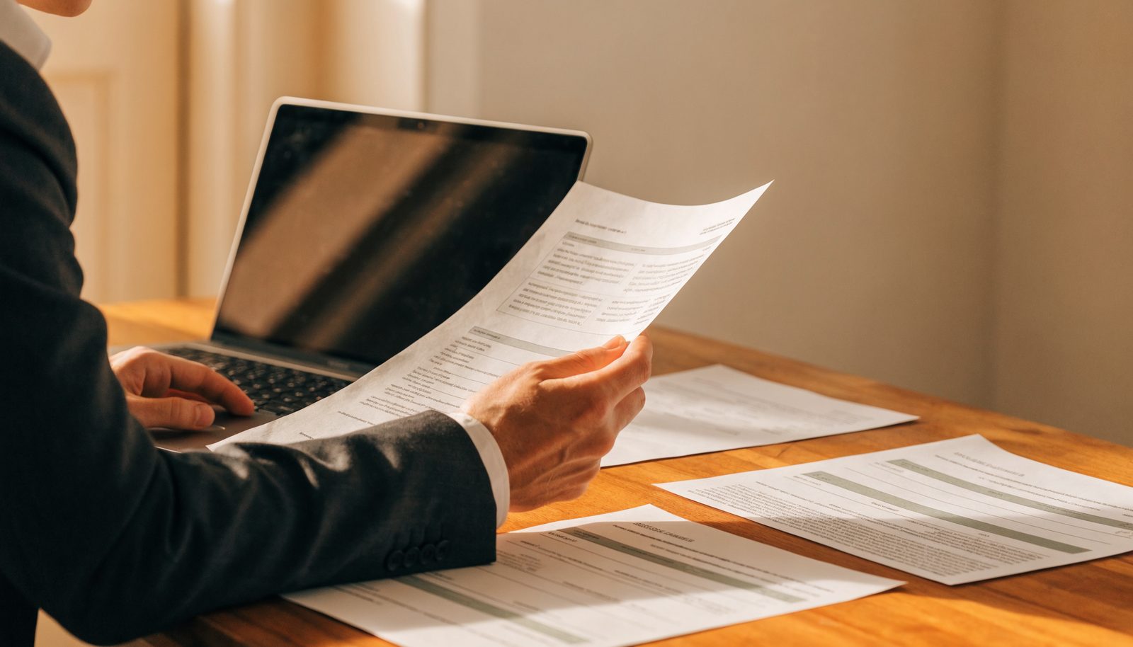 A person comparing auto insurance documents beside a laptop at a desk