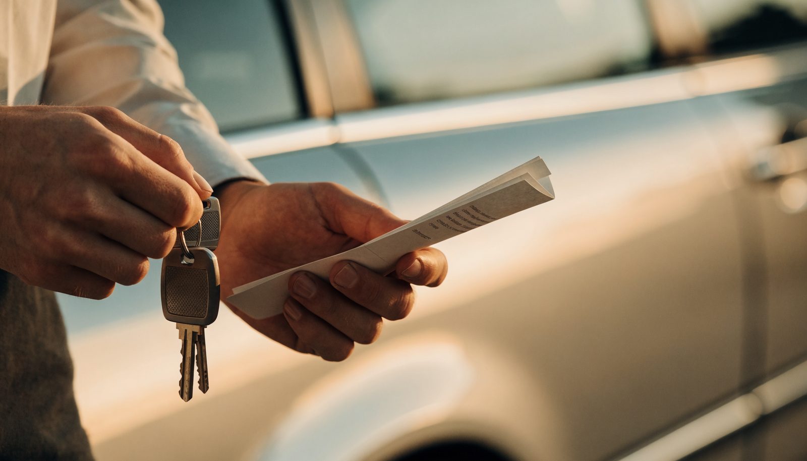 Hands holding car keys and an insurance document