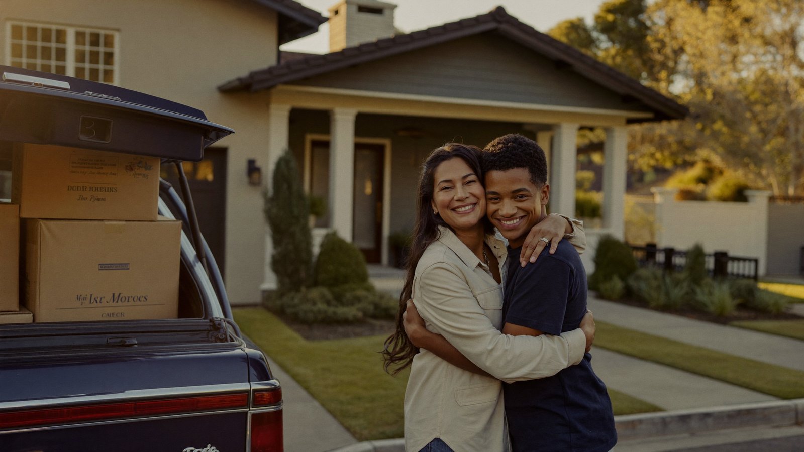 A mother hugging her 18 year old son beside a car packed with moving boxes in front of their California home