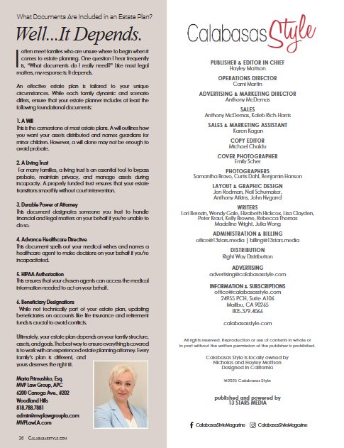Maria Primushko 'Well, It Depends' estate planning feature in Calabasas Style Magazine 2025